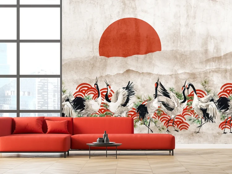 mural-w-stylu-japonskim-zurawie-i-slonce-na-tle-bezowym-fru-dizajn