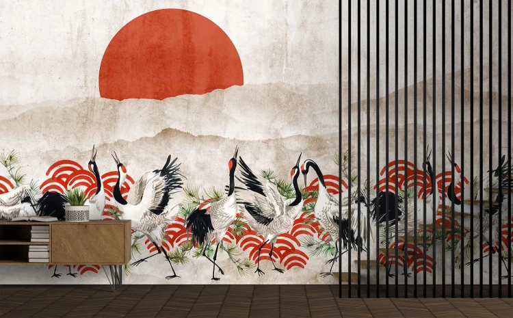 grafika-na-sciane-zurawie-i-slonce-w-stylu-japonskim-frudizajn