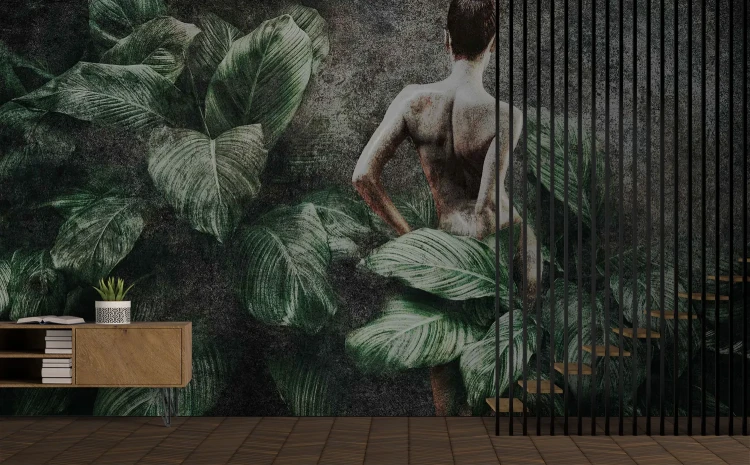 mural-z-kobieta-i-duzymi-liscmi-na-ciemnym-tle-do-salonu-valare-exclusive-frudizajn