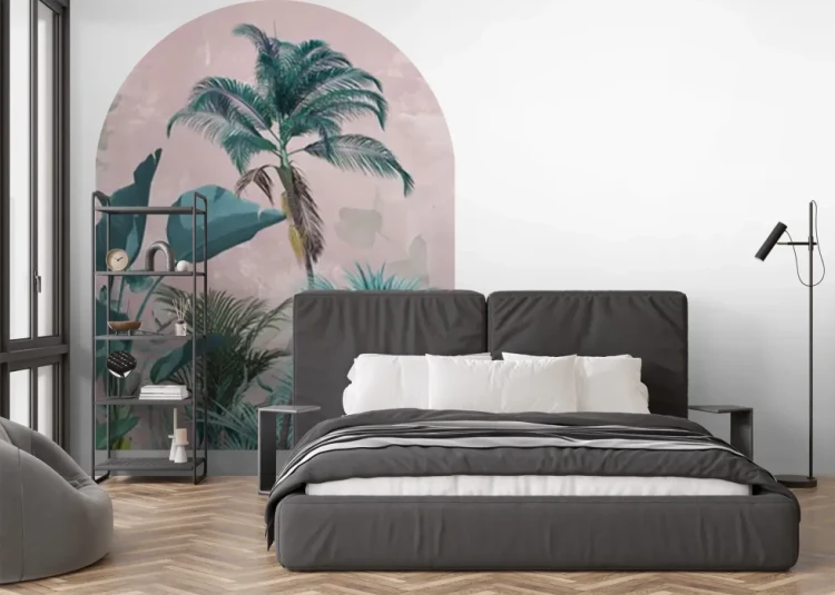 designerski-luk-scienny-palmy-na-rozowym-tle-do-salonu-frudizajn
