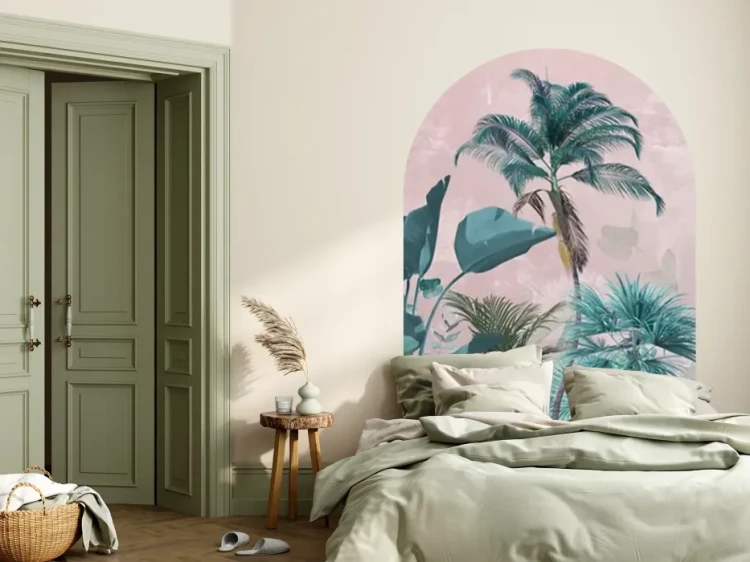 naklejka-scienna-luk-palmy-i-rozowe-tlo-do-jadalni-frudizajn